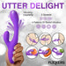 Hand holding purple triple-action rabbit vibrator with vibrating and flicking features, shown with usage and vibration pattern icons.