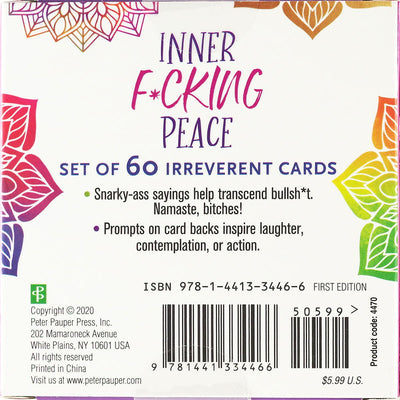 Back of Inner F*cking Peace Cards box with colorful mandala designs and product details including ISBN and price.