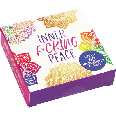 Box of Inner F*cking Peace Cards featuring colorful mandala designs and bold text on a white and purple background.