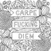 Black and white floral coloring page with bold text reading Carpe Fucking Diem surrounded by detailed flowers and leaves.