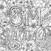 Intricate floral coloring page featuring the phrase OM SHAKALAKA surrounded by detailed flowers and leaves.