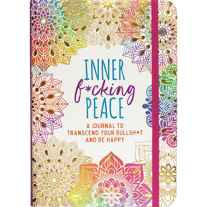 Colorful hardcover journal titled Inner Fucking Peace with mandala designs and a pink elastic band closure.