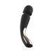 Black silicone smart wand massager with curved handle and three control buttons, featuring a rose gold accent panel.