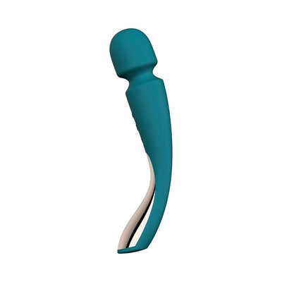 Teal silicone smart wand massager with curved ergonomic handle and smooth rounded head.