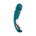 Teal curved smart wand massager with silicone head and metallic accent, featuring three control buttons.