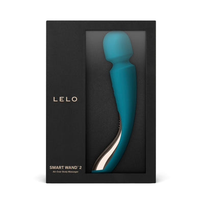 Teal silicone LELO Smart Wand 2 medium body massager in black presentation box with gold accents.