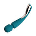 Teal and silver ergonomic smart wand massager with curved handle and three control buttons.