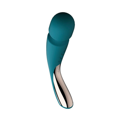 Teal and silver medium-sized smart wand massager with ergonomic handle and three control buttons.