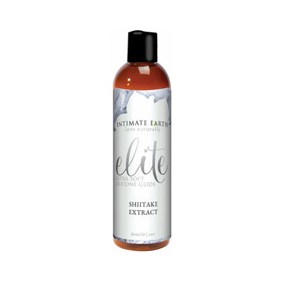 Bottle of Intimate Earth Elite Ultra Soft Silicone Glide with Shiitake Extract, 60ml size with white and gray label.