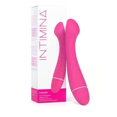 Pink Intimina CELESSE personal massager with curved design and packaging box on white background.