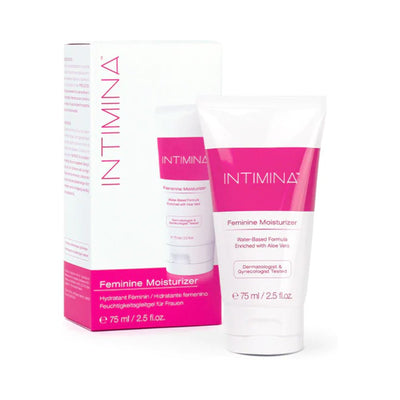 Intimina Feminine Moisturizer 2.5 oz tube with white and pink packaging, water-based formula enriched with aloe vera.