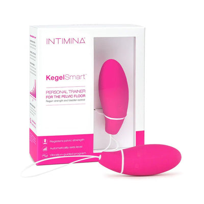 Intimina KegelSmart pink pelvic floor trainer with packaging showing features and device connected by a white string.
