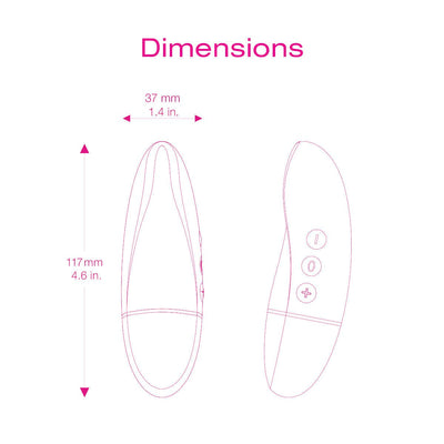 Line drawing showing dimensions of the Intimina KIRI Massager in pink, measuring 4.6 inches long and 1.4 inches wide.