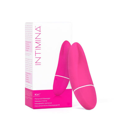 Pink Intimina KIRI handheld personal massager with sleek design next to its white and pink packaging box.