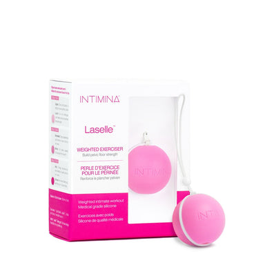 Intimina Laselle Medium 38g pink weighted pelvic floor exerciser ball with white string and packaging box.