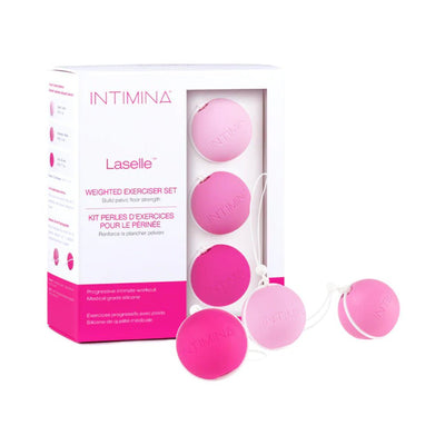Intimina Laselle pink weighted exercise balls set for pelvic floor strength training with medical grade silicone.