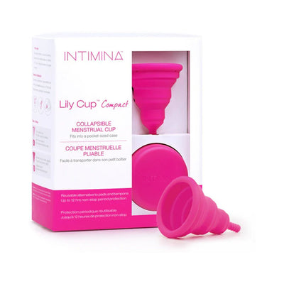 Pink Intimina Lily Cup Size B collapsible menstrual cup with matching protective case and packaging box.