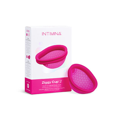 Intimina Ziggy Cup 2 Size B flat-fit menstrual cup in pink with packaging box on white background