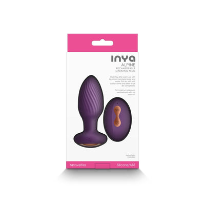 Packaging of the Inya Alpine rechargeable gyrating butt plug in purple with matching remote control, displayed on a white and pink box.