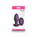 Packaging of the Inya Alpine rechargeable gyrating butt plug in purple with matching remote control, displayed on a white and pink box.