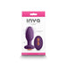 Packaging of the Inya Alpine rechargeable gyrating butt plug in purple with matching remote control shown at actual size.