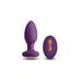 Purple textured remote-controlled butt plug with matching oval wireless remote on white background.