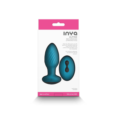 Packaging of Inya Alpine rechargeable gyrating butt plug in teal with matching remote control, made of silicone and ABS.