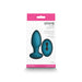 Packaging of Inya Alpine rechargeable gyrating butt plug in teal with matching remote control, made of silicone and ABS.