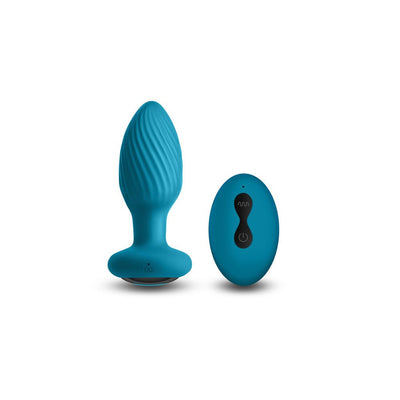 Teal textured remote-controlled butt plug with matching oval wireless remote on white background.