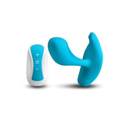 Blue silicone Inya Eros couples vibrator with white and blue remote control on white background.