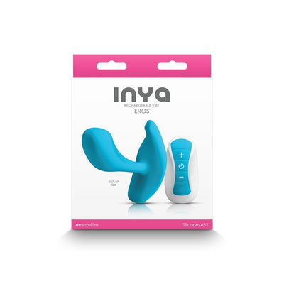 Blue Inya Eros rechargeable couples vibrator with remote control displayed on white and pink packaging.
