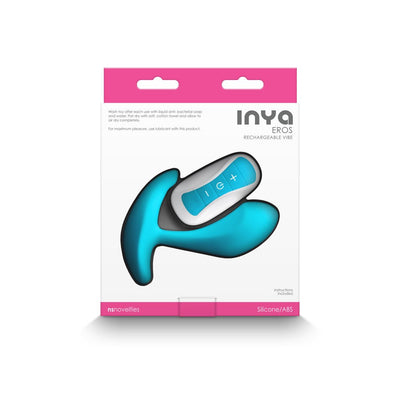 Blue Inya Eros rechargeable couples vibrator with remote control in white and blue packaging.