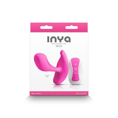 Inya Eros rechargeable pink silicone couples vibrator with remote control in white and pink packaging.