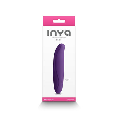 Inya Flirt rechargeable silicone personal massager in dark purple shown on white retail packaging with pink accents.