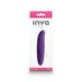 Inya Flirt rechargeable silicone personal massager in dark purple shown on white retail packaging with pink accents.