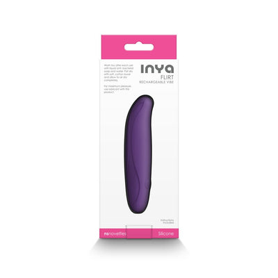 Inya Flirt bendable personal massager in dark purple with sleek ergonomic design in white and pink retail packaging.
