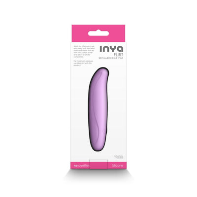 Inya Flirt bendable personal massager in lilac silicone displayed in white and pink retail packaging.