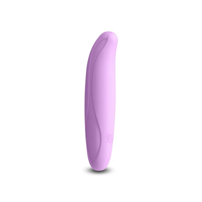 Lilac-colored bendable personal massager with smooth silicone surface and curved tip, standing upright on white background.