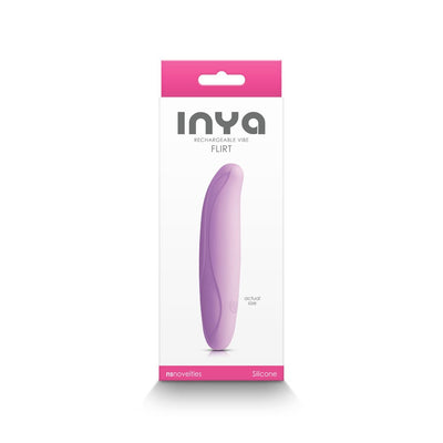 Packaging of Inya Flirt bendable personal massager in lilac silicone with pink and white box design.