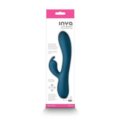 INYA Luv Bunny rechargeable silicone vibrator in teal with ergonomic design shown in retail packaging.