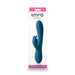 Blue silicone INYA Luv Bunny vibrator with dual stimulation and control buttons, shown in retail packaging.