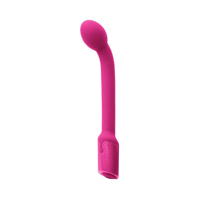 Pink rechargeable G-spot vibrator with curved, bulbous head and smooth silicone finish.