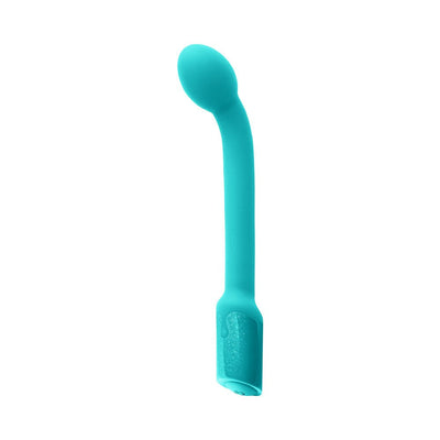 Turquoise curved G-spot vibrator with bulbous head and textured base, made of smooth silicone.