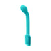 Turquoise curved G-spot vibrator with bulbous head and textured base, made of smooth silicone.