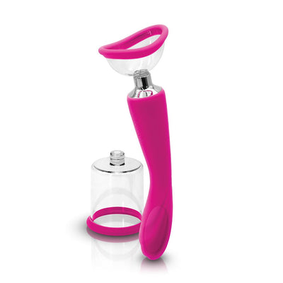 Pink silicone dual-function pump and vibrator with interchangeable clear suction cups for versatile body use.