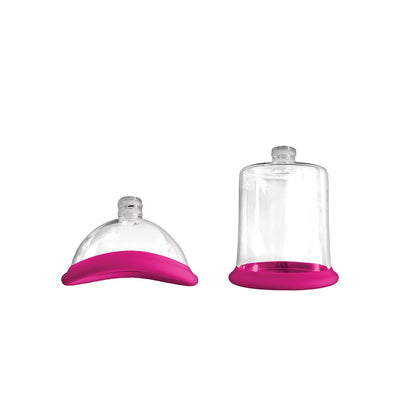 Two interchangeable clear suction cups with pink silicone bases for the Inya Pump and Vibe set.