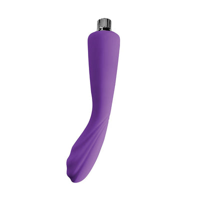 Purple silicone rechargeable massager with curved, textured tip and metallic control cap.