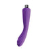 Purple silicone rechargeable massager with curved, textured tip and metallic control cap.