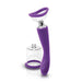 Purple silicone dual-function pump and vibrator with interchangeable clear suction cups on white background.