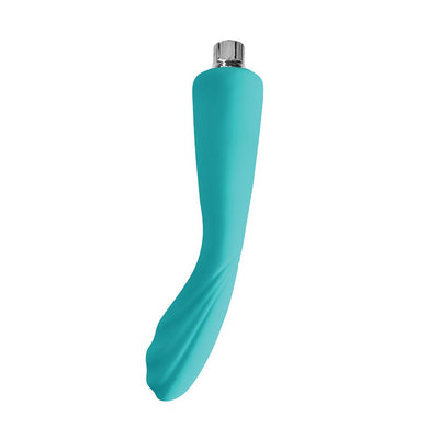 Teal silicone vibrator with curved, textured tip and metallic control cap on white background.